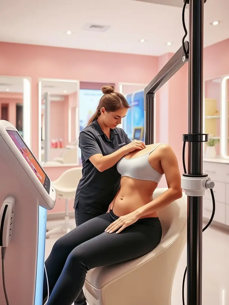 A staff member assisting a client with body shaping technology in a beauty salon.